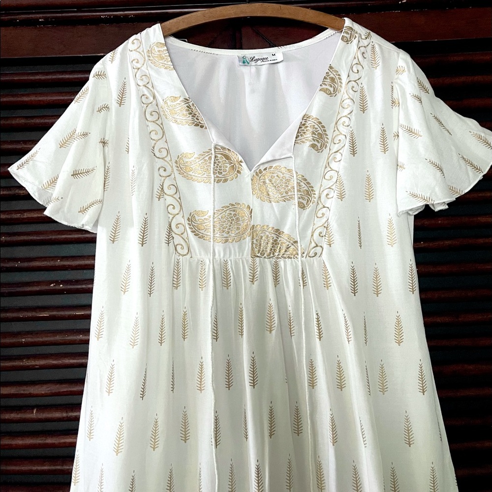 M & L NEW FRESH White Airy Dress w/ Gold Paisley Foil Flutter Sleeve LINED